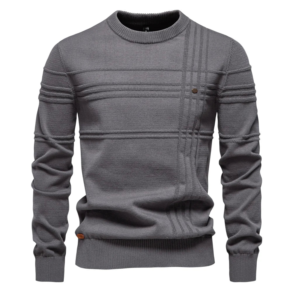 Men’s Premium Cotton Knit Sweater – Striped Crewneck Pullover, Warm Autumn/Winter Style