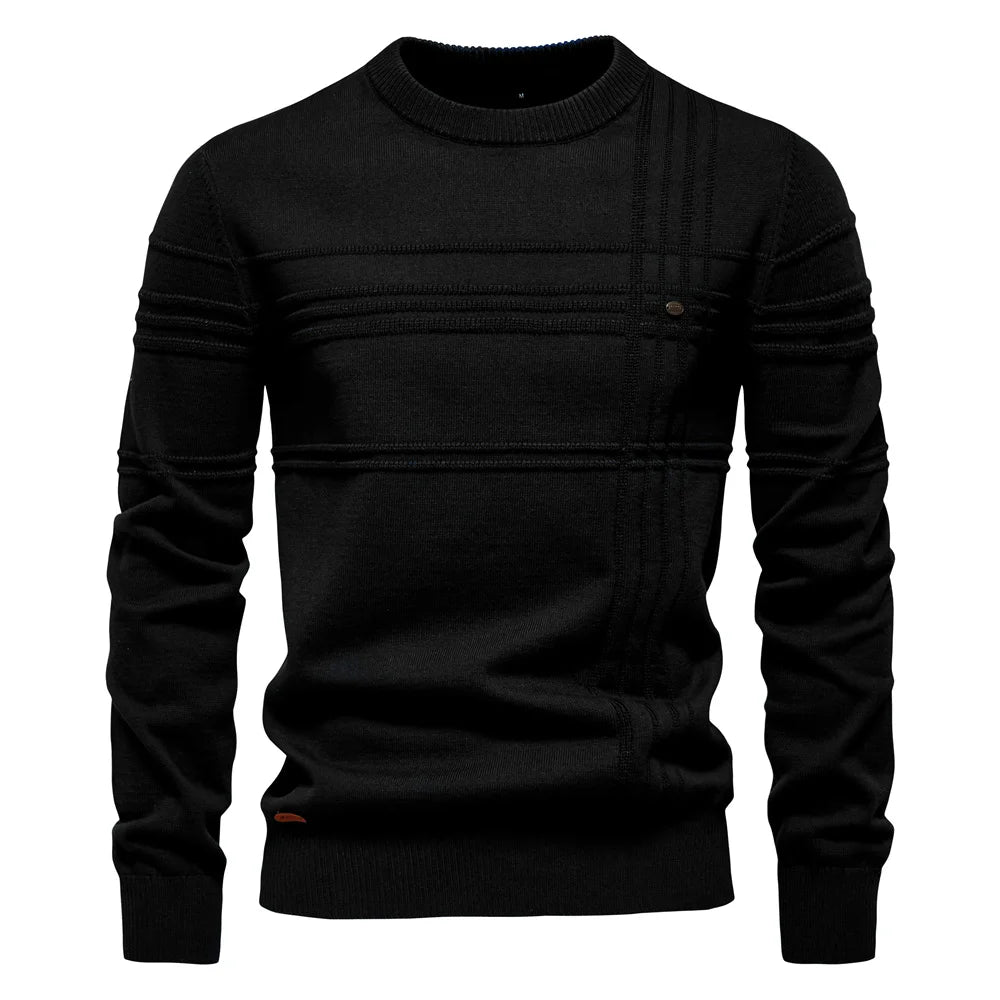 Men’s Premium Cotton Knit Sweater – Striped Crewneck Pullover, Warm Autumn/Winter Style
