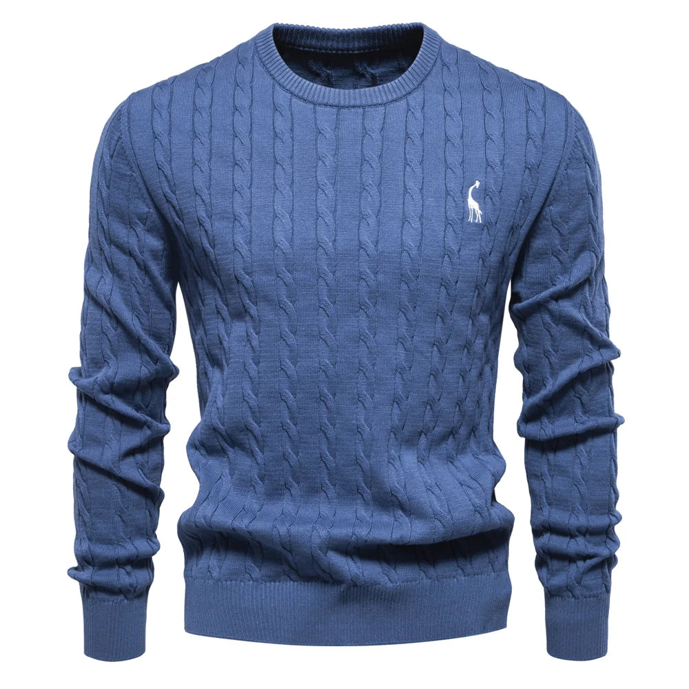 Men’s Embroidered Cotton Sweater – Classic Cable Knit Crewneck Pullover