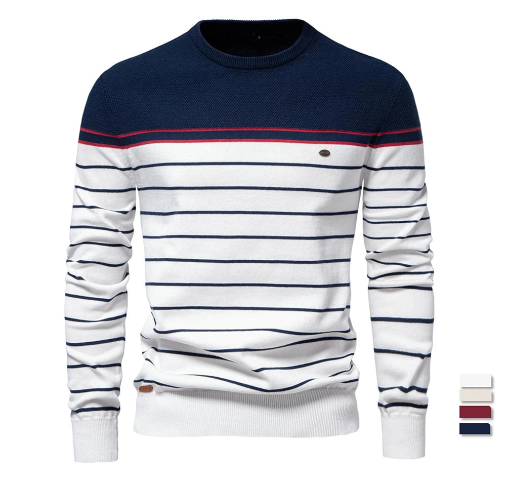 Maglione in maglia di cotone a righe da uomo – Pullover casual classico con scollo a V