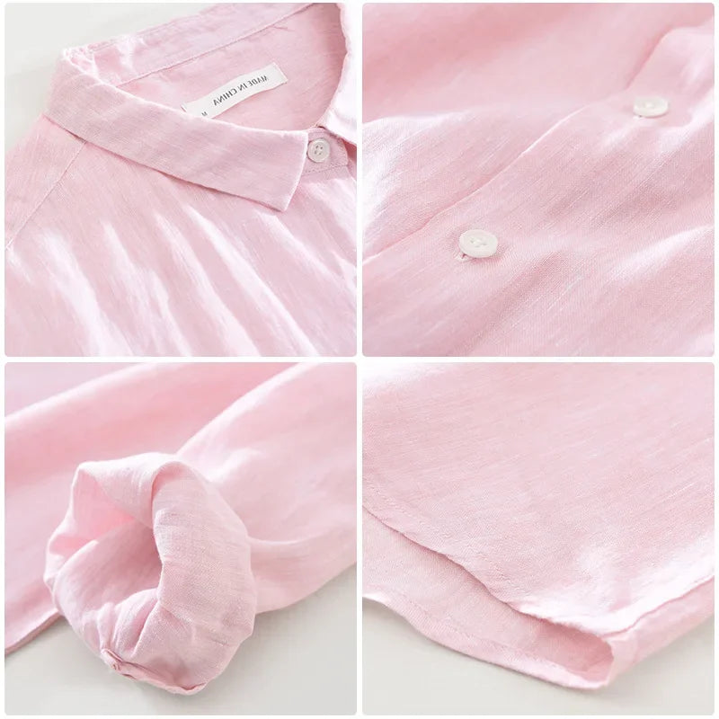 Camicia da uomo in puro lino a maniche 3/4 – Top estivo casual leggero e fresco