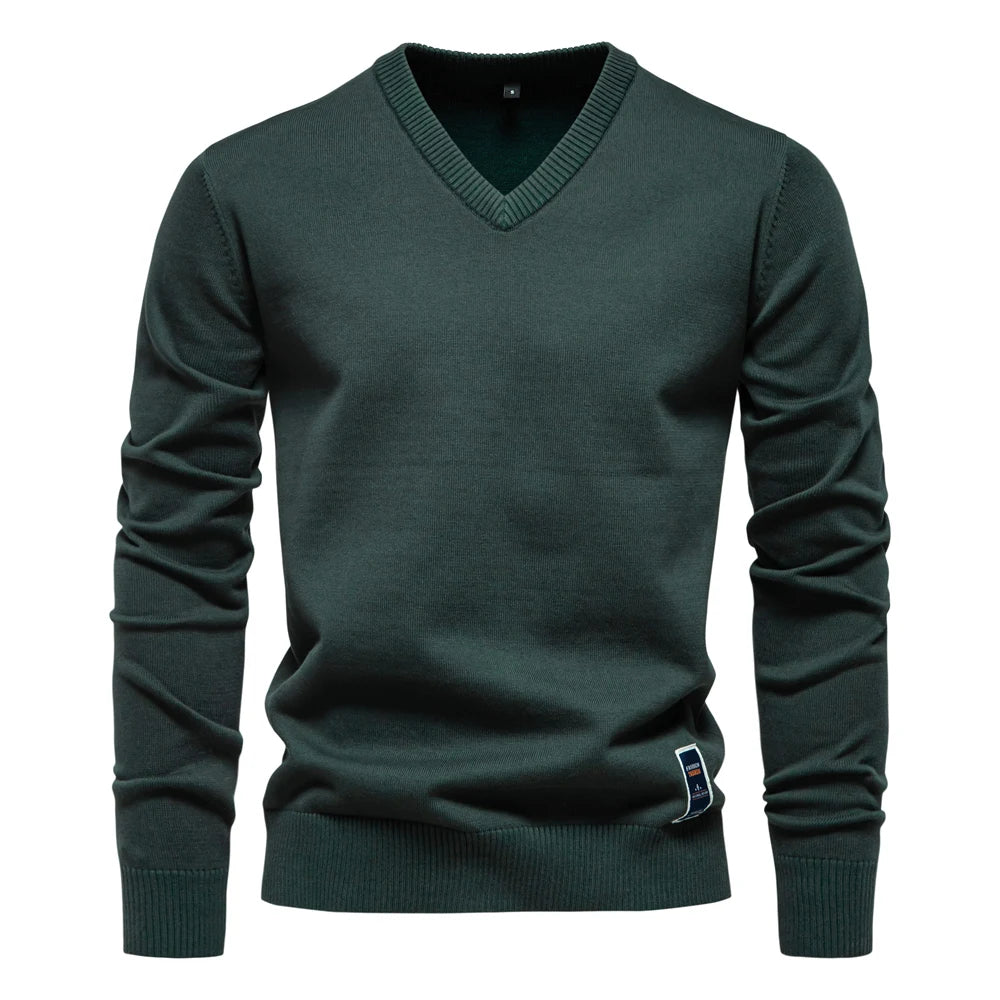 Maglione in maglia di cotone con scollo a V da uomo – Pullover casual classico a maniche lunghe