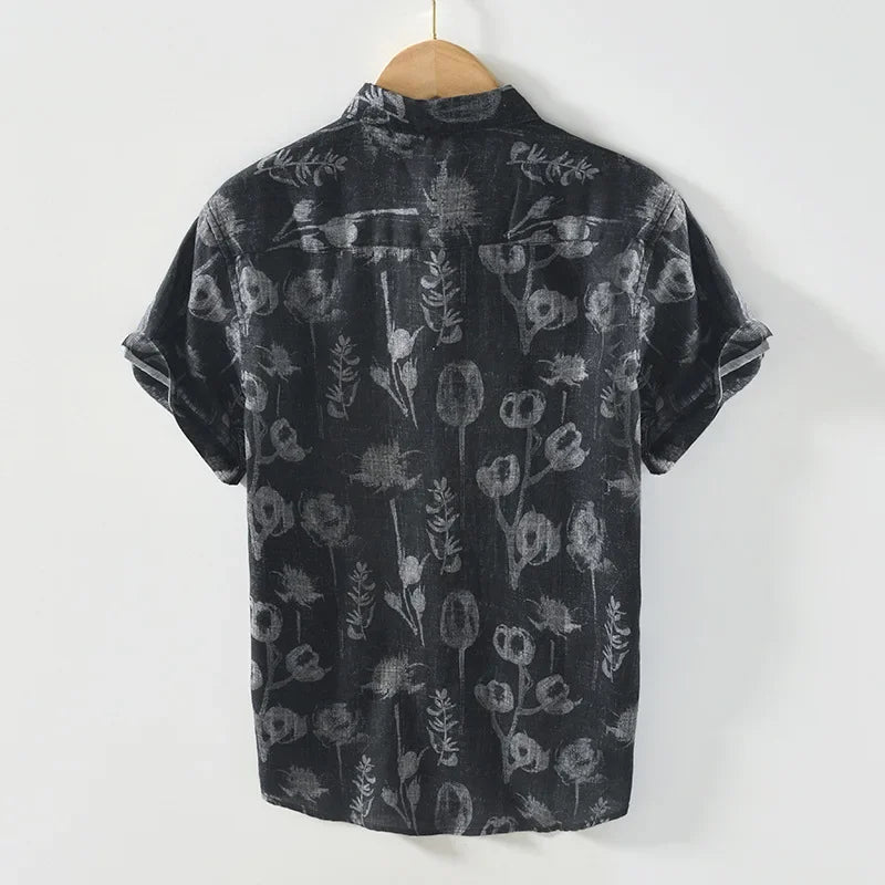Camicia da uomo a maniche corte stampata in lino 100% – Abbigliamento casual da strada