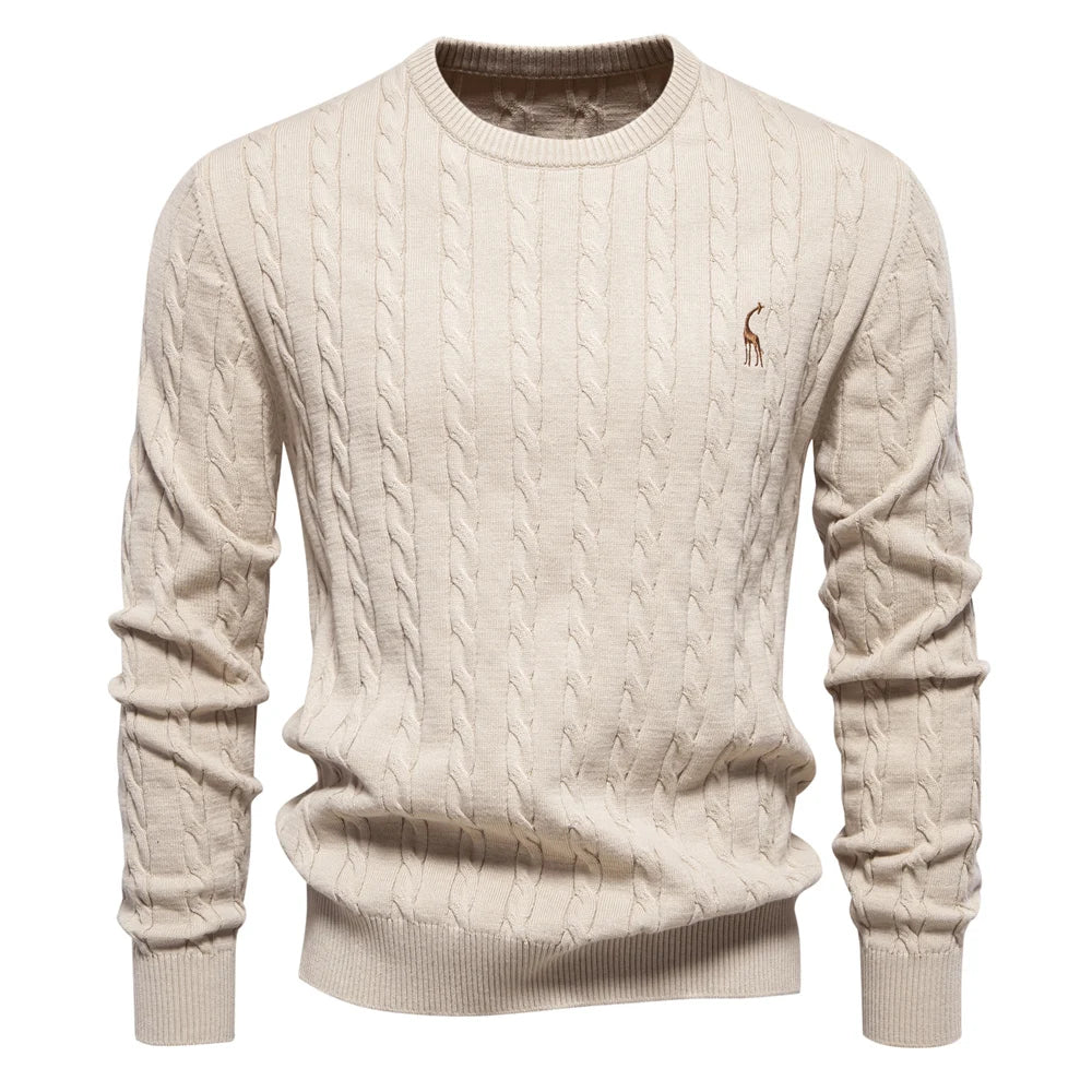 Men’s Embroidered Cotton Sweater – Classic Cable Knit Crewneck Pullover