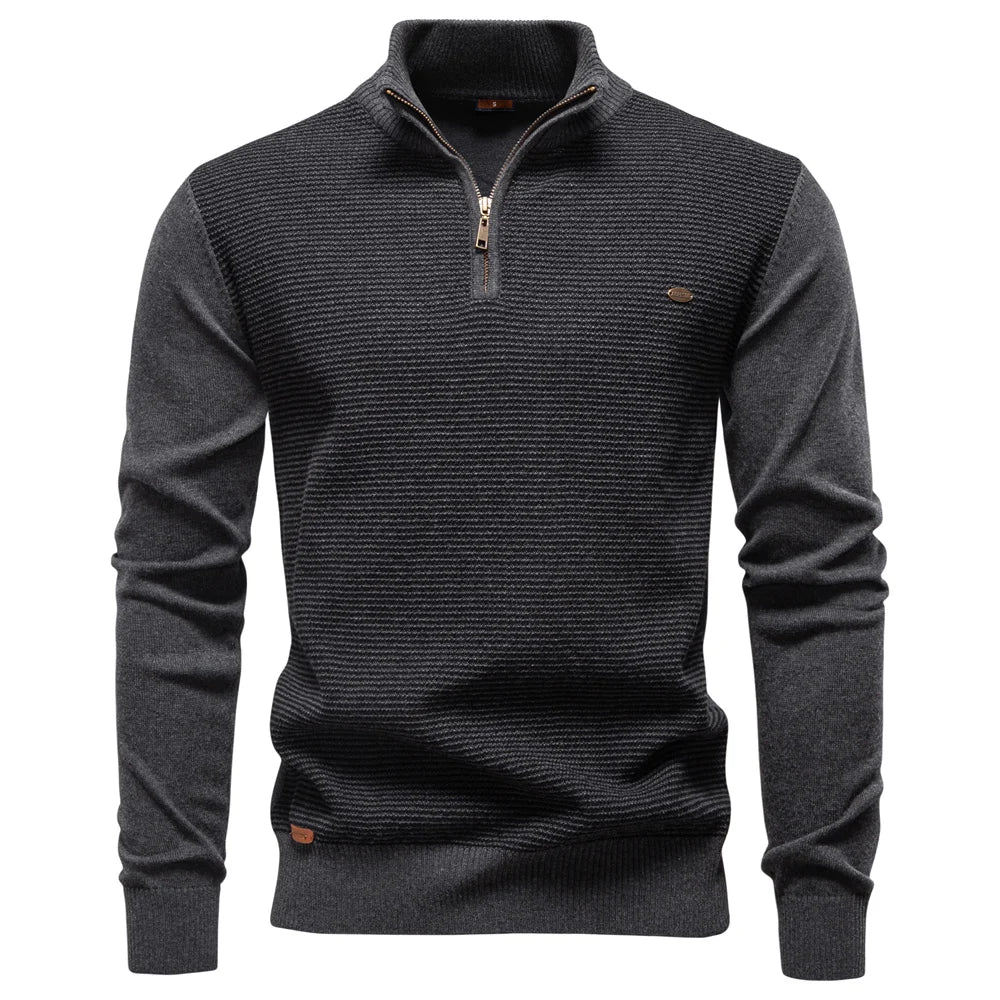 Maglione da uomo in cotone con mezza zip – Pullover caldo lavorato a maglia con collo alto