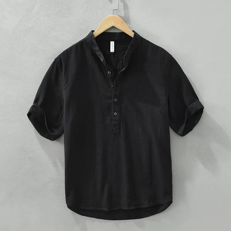 70% Linen 30% Cotton Casual Pullover Shirt - Men Clothing Vintage Short Sleeve Streetwear