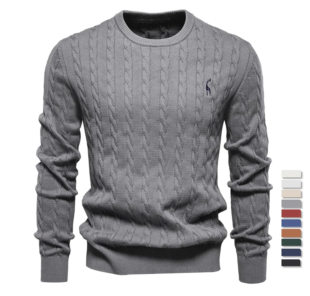 Men’s Embroidered Cotton Sweater – Classic Cable Knit Crewneck Pullover