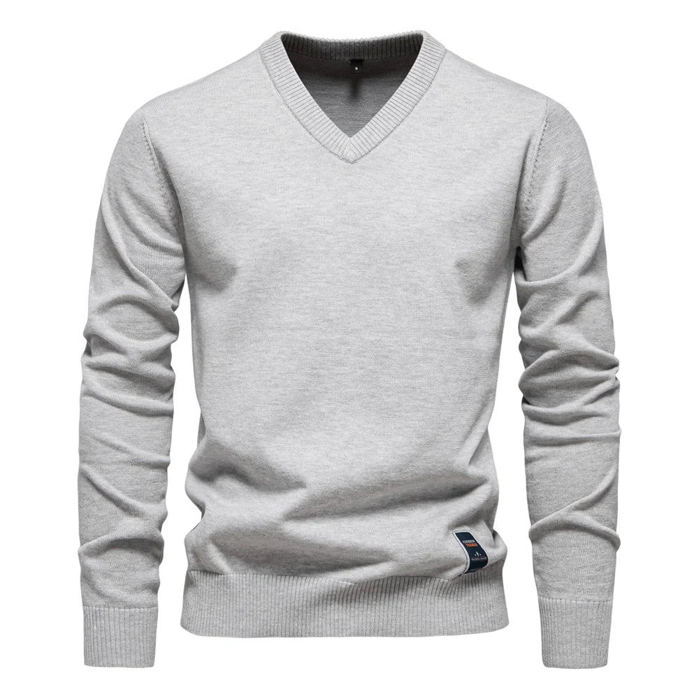 Maglione in maglia di cotone con scollo a V da uomo – Pullover casual classico a maniche lunghe