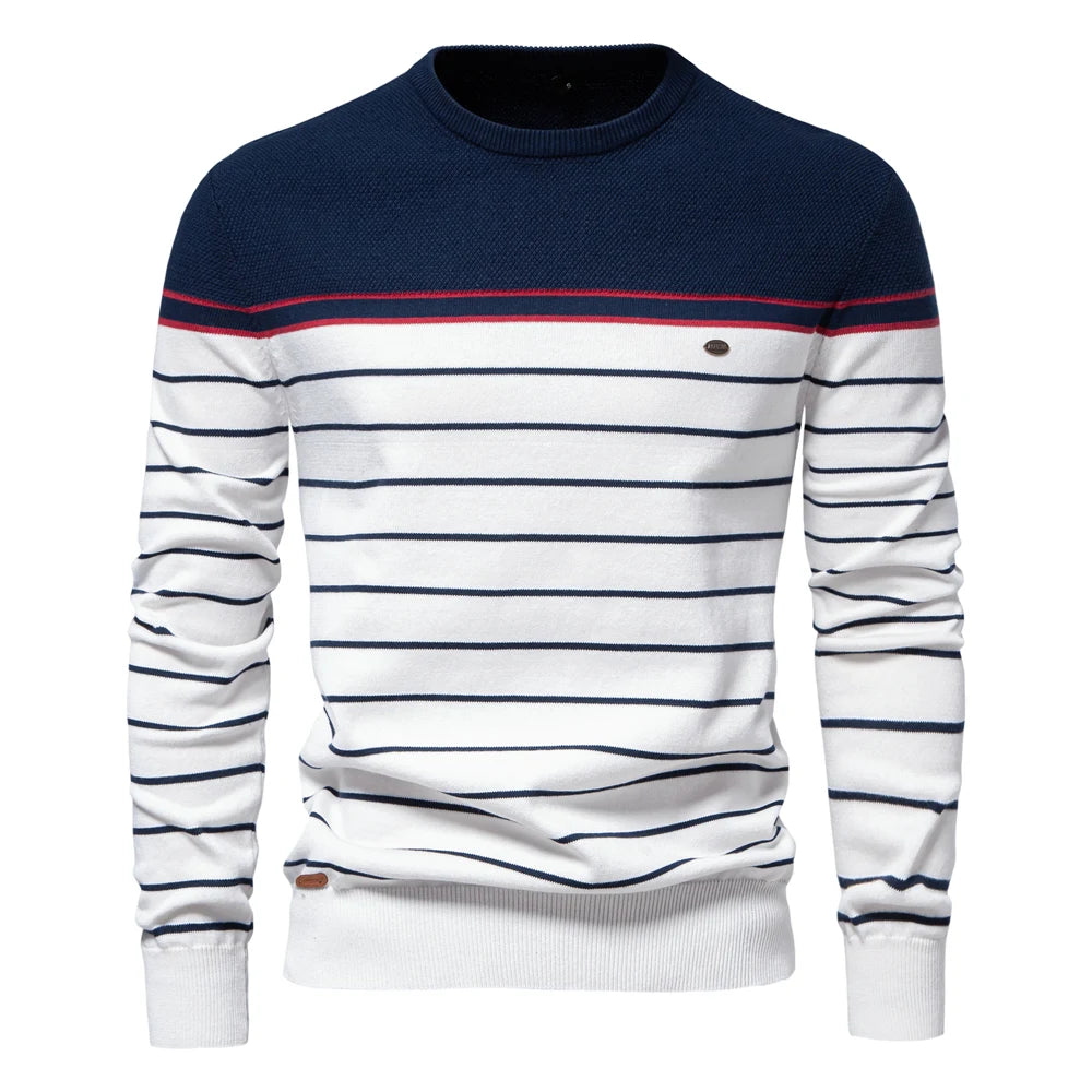 Maglione in maglia di cotone a righe da uomo – Pullover casual classico con scollo a V