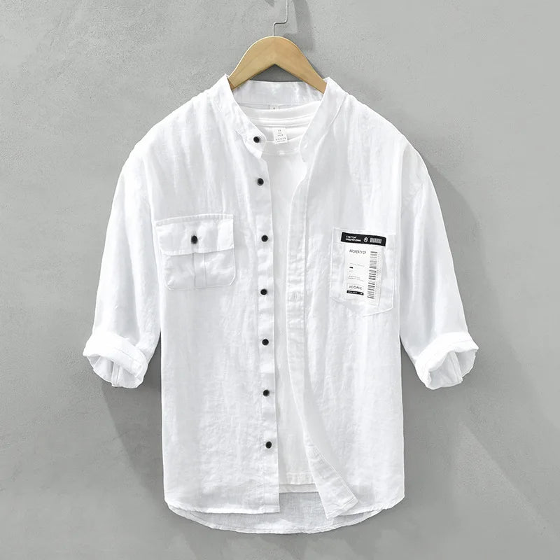 Camicia da uomo in lino a maniche 3/4 – Top estivo casual leggero e traspirante