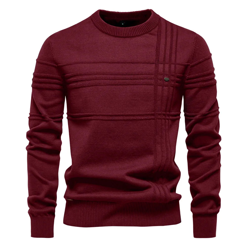 Men’s Premium Cotton Knit Sweater – Striped Crewneck Pullover, Warm Autumn/Winter Style