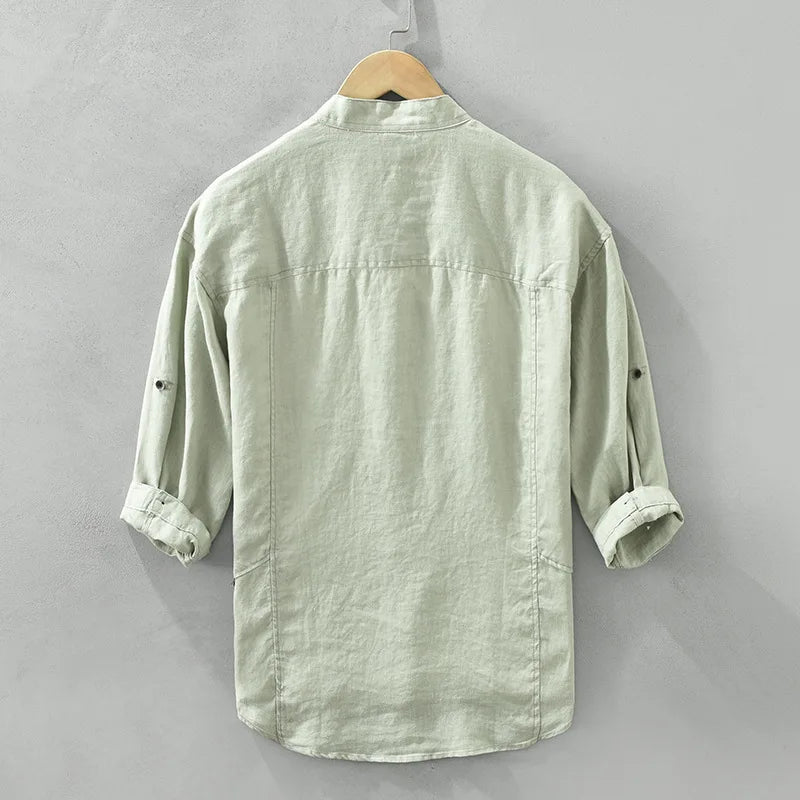 Camicia da uomo in lino a maniche 3/4 – Top estivo casual leggero e traspirante