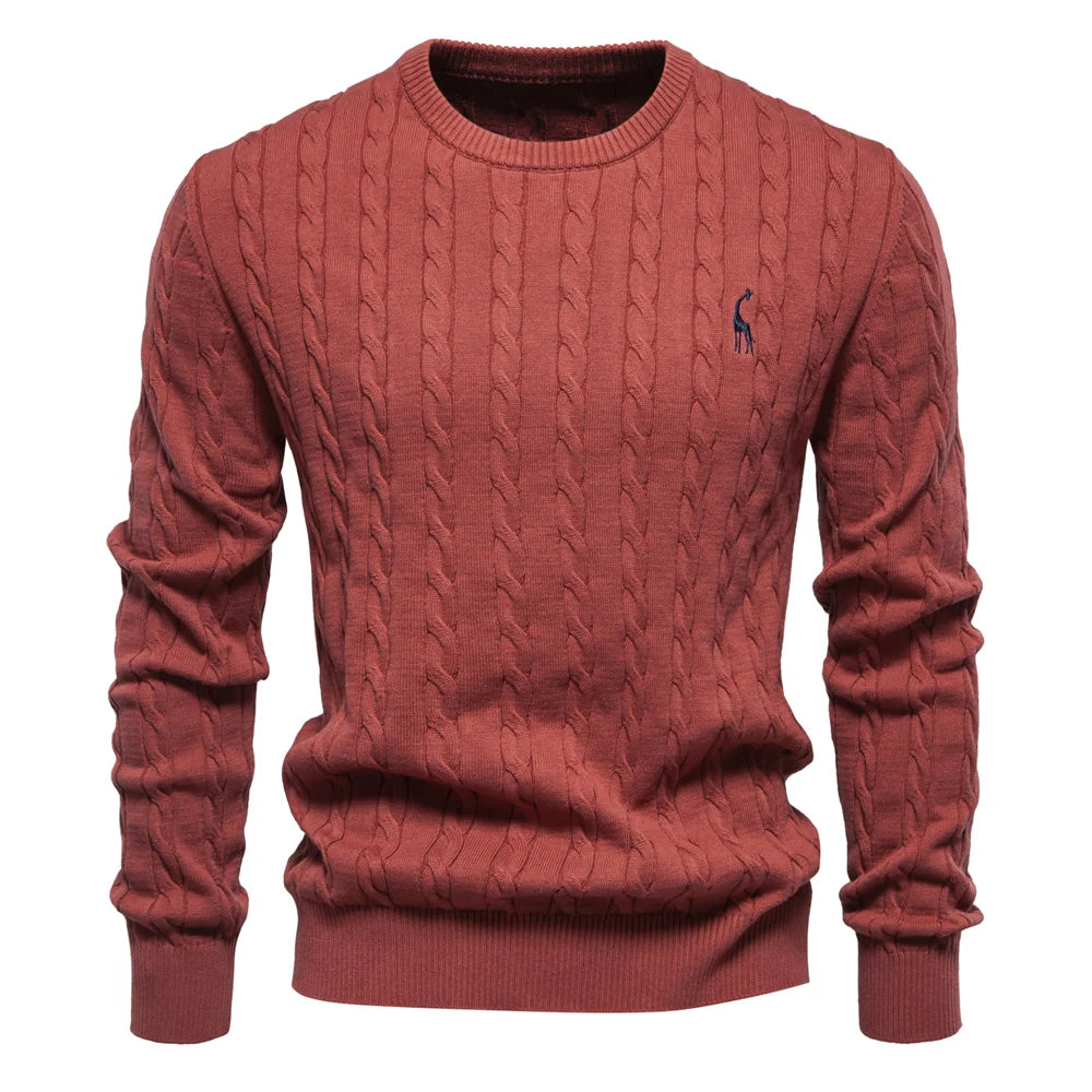 Men’s Embroidered Cotton Sweater – Classic Cable Knit Crewneck Pullover