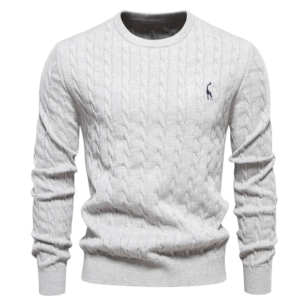 Men’s Embroidered Cotton Sweater – Classic Cable Knit Crewneck Pullover