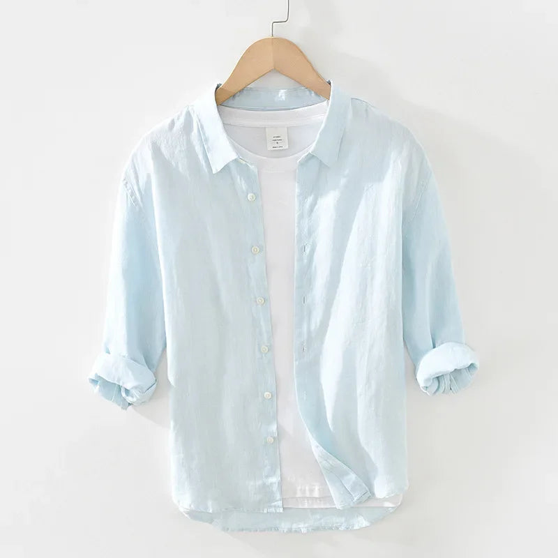 Camicia da uomo in puro lino a maniche 3/4 – Top estivo casual leggero e fresco