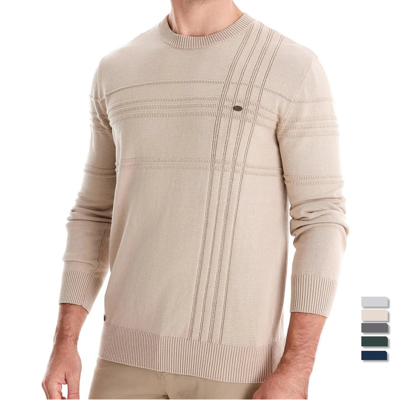 Men’s Premium Cotton Knit Sweater – Striped Crewneck Pullover, Warm Autumn/Winter Style