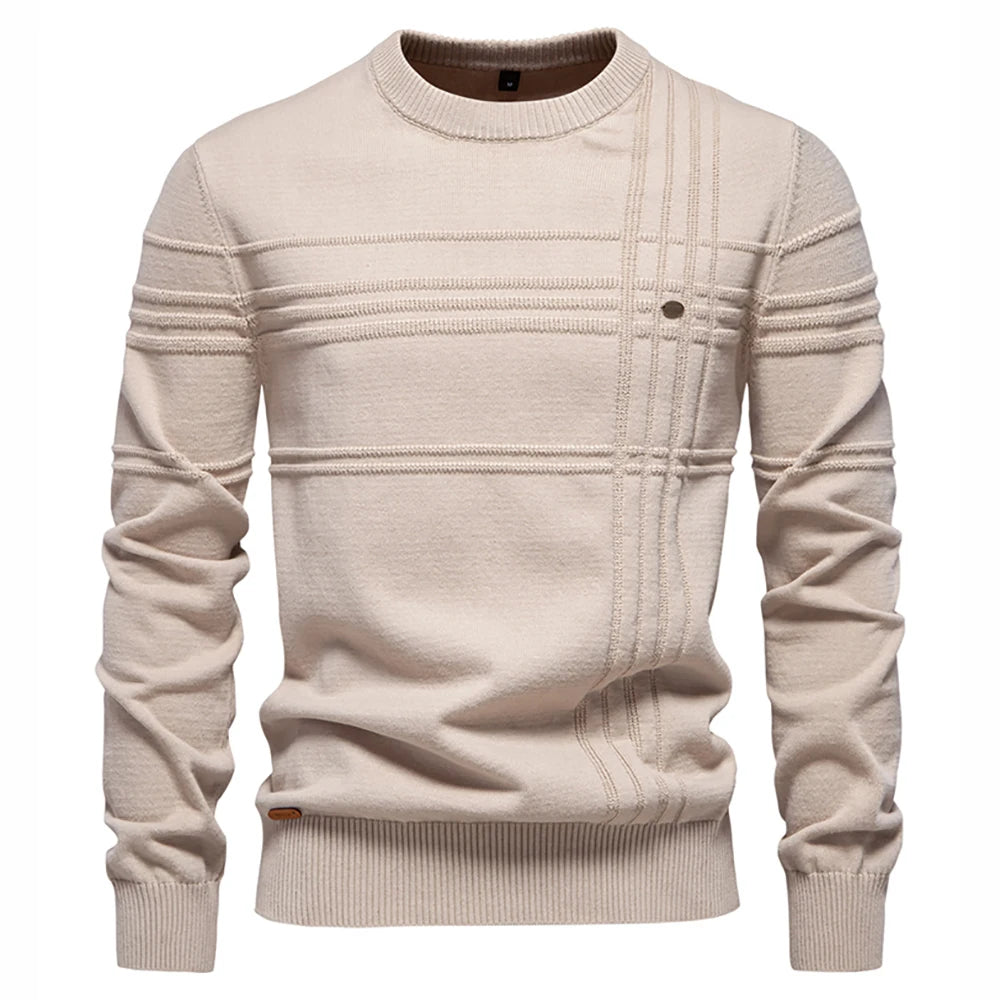 Men’s Premium Cotton Knit Sweater – Striped Crewneck Pullover, Warm Autumn/Winter Style