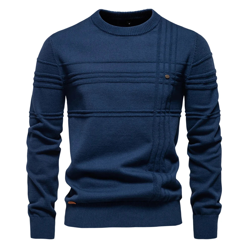 Men’s Premium Cotton Knit Sweater – Striped Crewneck Pullover, Warm Autumn/Winter Style