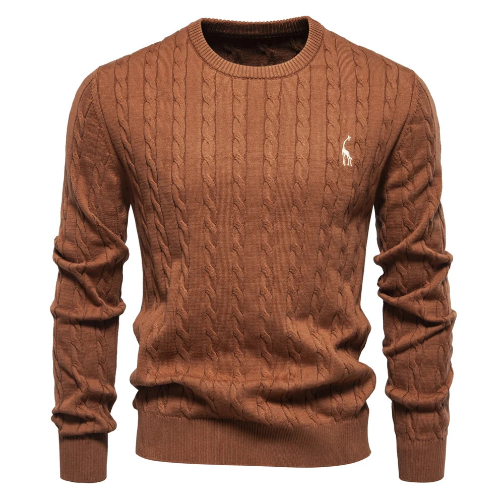 Men’s Embroidered Cotton Sweater – Classic Cable Knit Crewneck Pullover