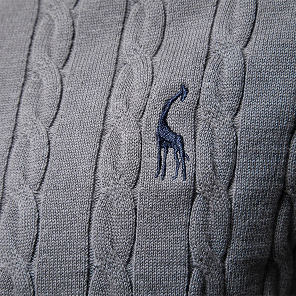 Men’s Embroidered Cotton Sweater – Classic Cable Knit Crewneck Pullover