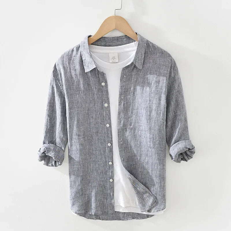 Camicia da uomo in puro lino a maniche 3/4 – Top estivo casual leggero e fresco