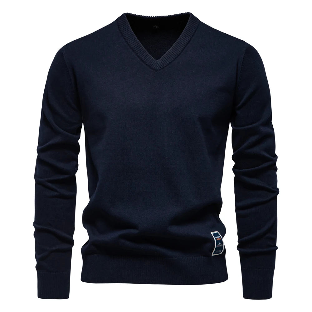 Maglione in maglia di cotone con scollo a V da uomo – Pullover casual classico a maniche lunghe