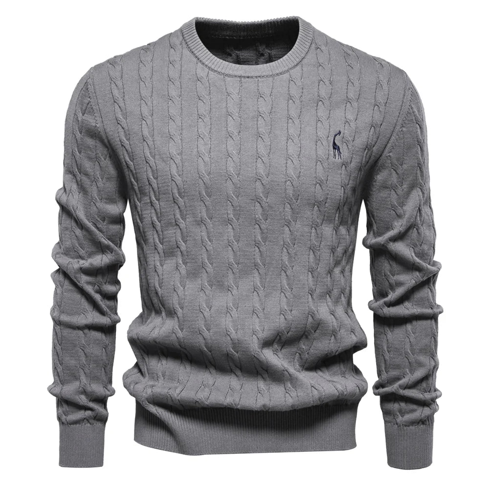 Men’s Embroidered Cotton Sweater – Classic Cable Knit Crewneck Pullover