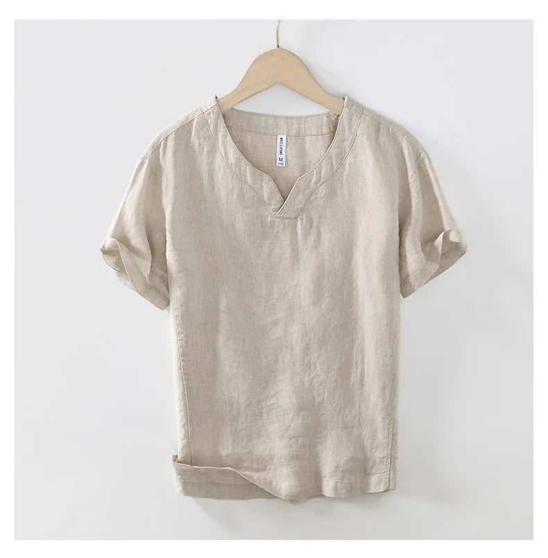 Camicia da uomo a maniche corte in lino 100% – T-shirt casual estiva leggera | Top aderente tinta unita