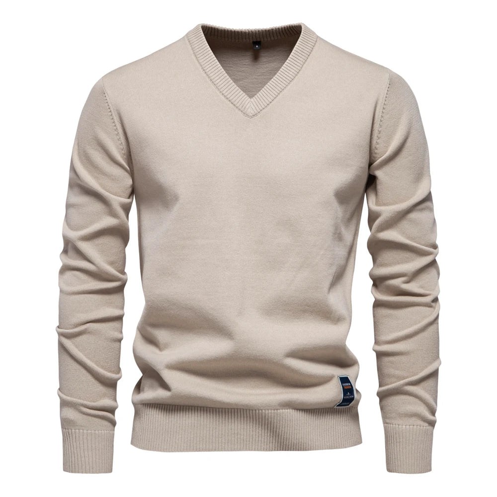 Maglione in maglia di cotone con scollo a V da uomo – Pullover casual classico a maniche lunghe