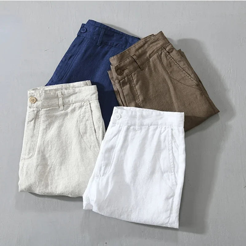 100% Linen Casual Shorts - Slim Solid Color Pants Oversize