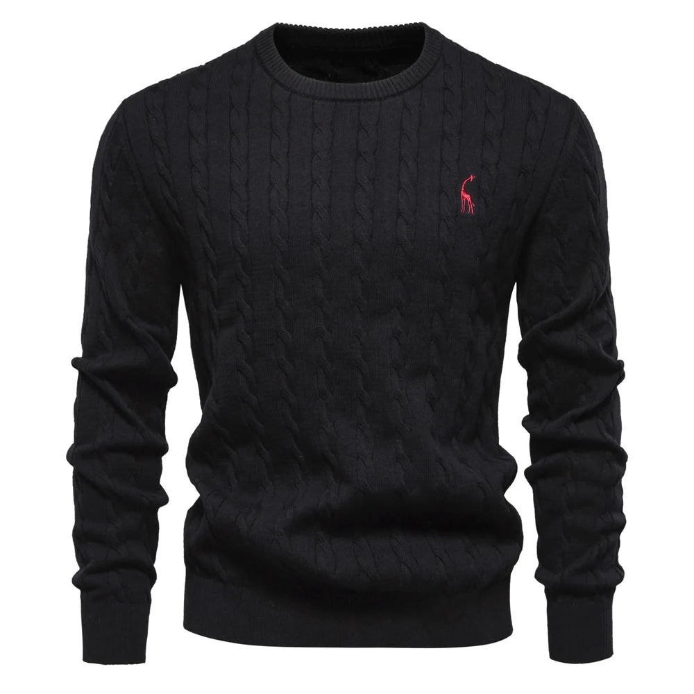 Men’s Embroidered Cotton Sweater – Classic Cable Knit Crewneck Pullover