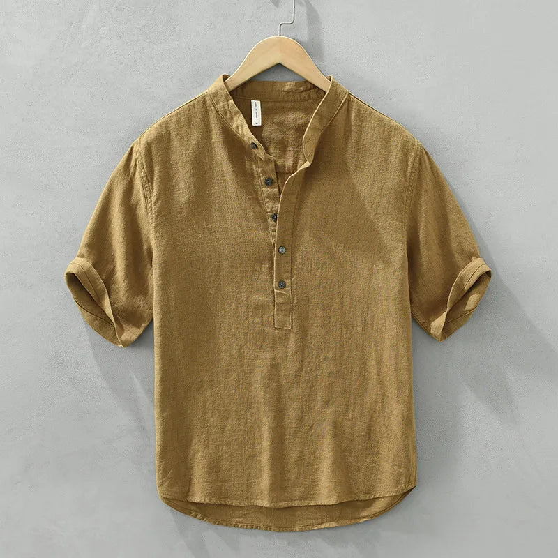 70% Linen 30% Cotton Casual Pullover Shirt - Men Clothing Vintage Short Sleeve Streetwear
