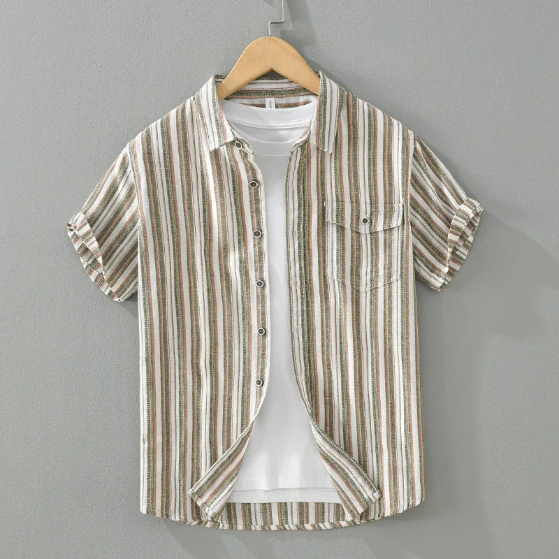 Striped 100% Linen Short-Sleeve Shirt – Refined Ease for Timeless Style
