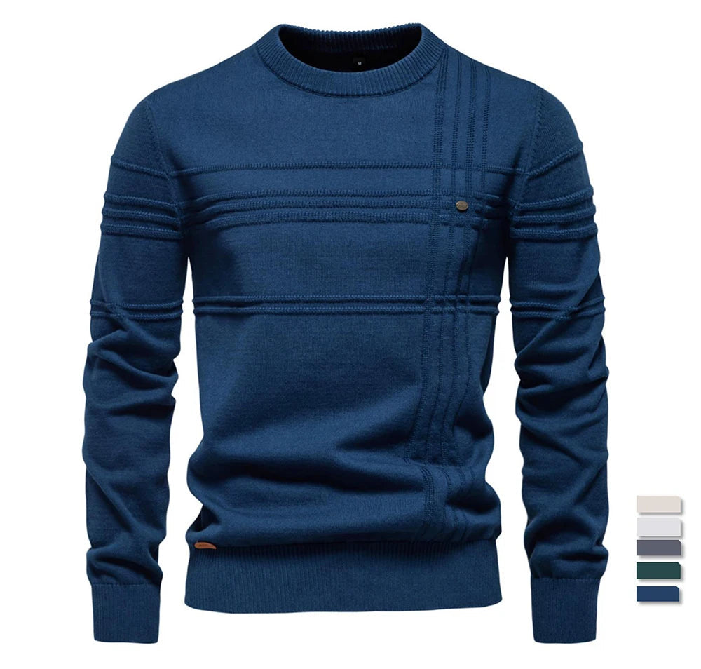 Men’s Premium Cotton Knit Sweater – Striped Crewneck Pullover, Warm Autumn/Winter Style