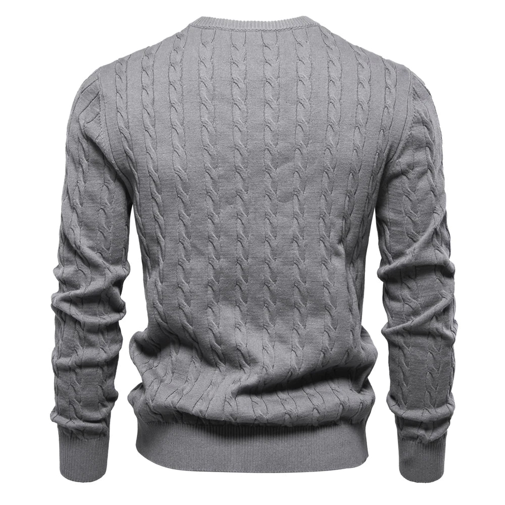 Men’s Embroidered Cotton Sweater – Classic Cable Knit Crewneck Pullover
