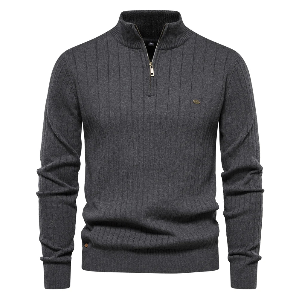Men’s Half-Zip Cotton Sweater – Mock Neck Knit Pullover, Autumn/Winter Edition