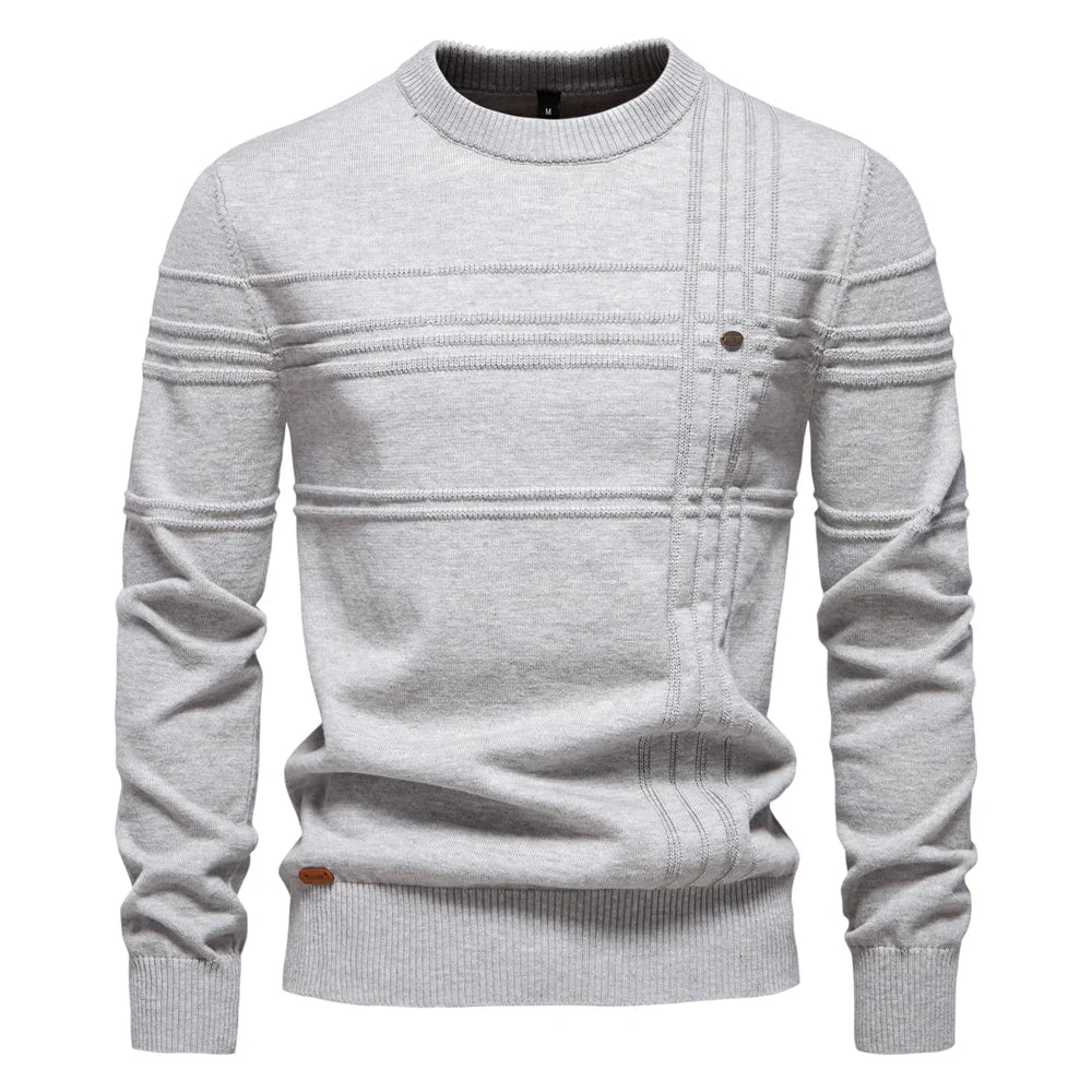 Men’s Premium Cotton Knit Sweater – Striped Crewneck Pullover, Warm Autumn/Winter Style