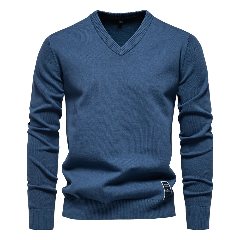 Maglione in maglia di cotone con scollo a V da uomo – Pullover casual classico a maniche lunghe