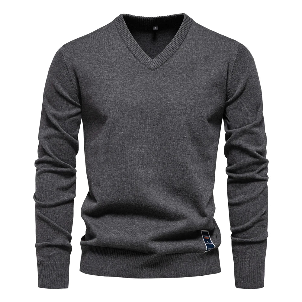 Maglione in maglia di cotone con scollo a V da uomo – Pullover casual classico a maniche lunghe