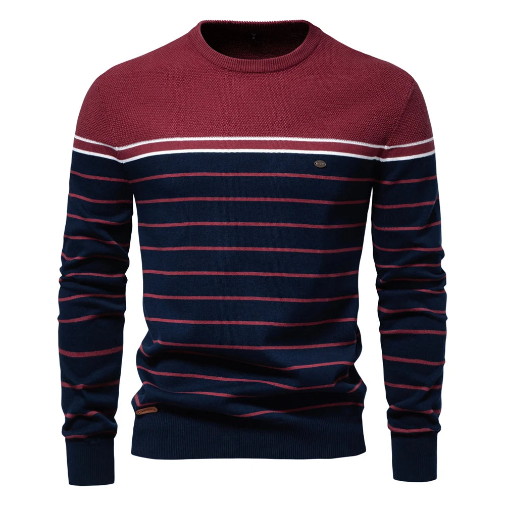 Maglione in maglia di cotone a righe da uomo – Pullover casual classico con scollo a V