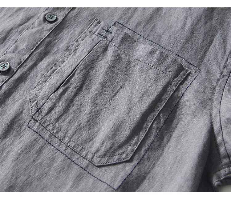 Camicia casual a maniche corte da uomo in puro lino – stile cargo estivo leggero