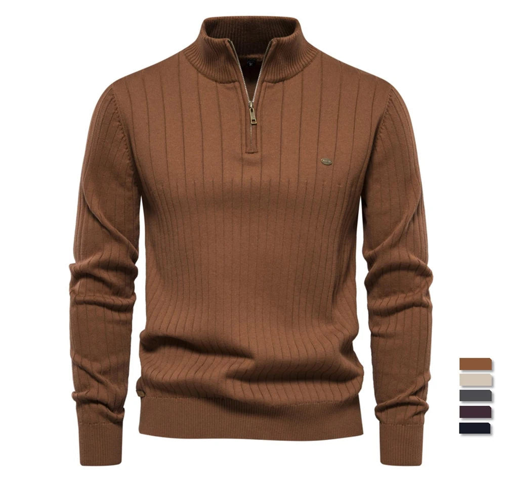 Men’s Half-Zip Cotton Sweater – Mock Neck Knit Pullover, Autumn/Winter Edition