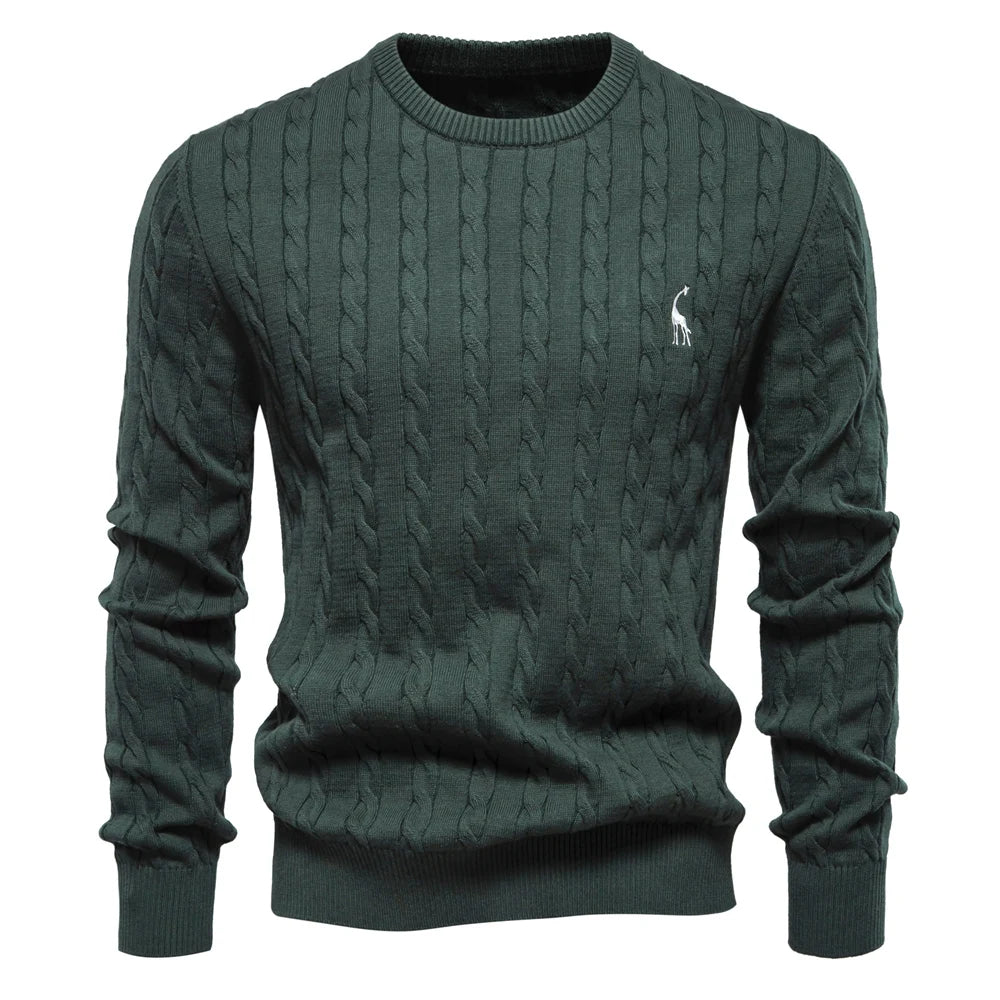 Men’s Embroidered Cotton Sweater – Classic Cable Knit Crewneck Pullover
