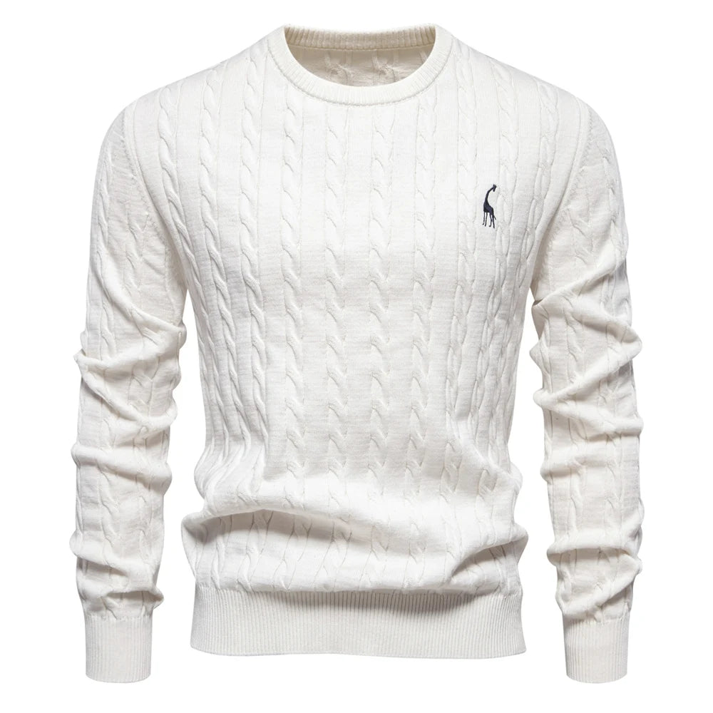 Men’s Embroidered Cotton Sweater – Classic Cable Knit Crewneck Pullover