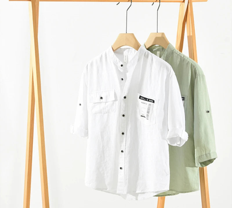 Camicia da uomo in lino a maniche 3/4 – Top estivo casual leggero e traspirante