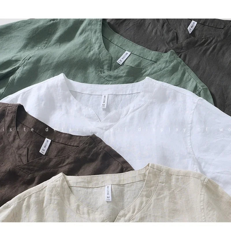 Camicia da uomo a maniche corte in lino 100% – T-shirt casual estiva leggera | Top aderente tinta unita