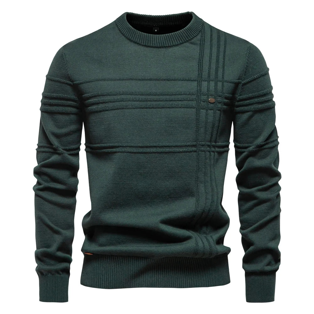 Men’s Premium Cotton Knit Sweater – Striped Crewneck Pullover, Warm Autumn/Winter Style