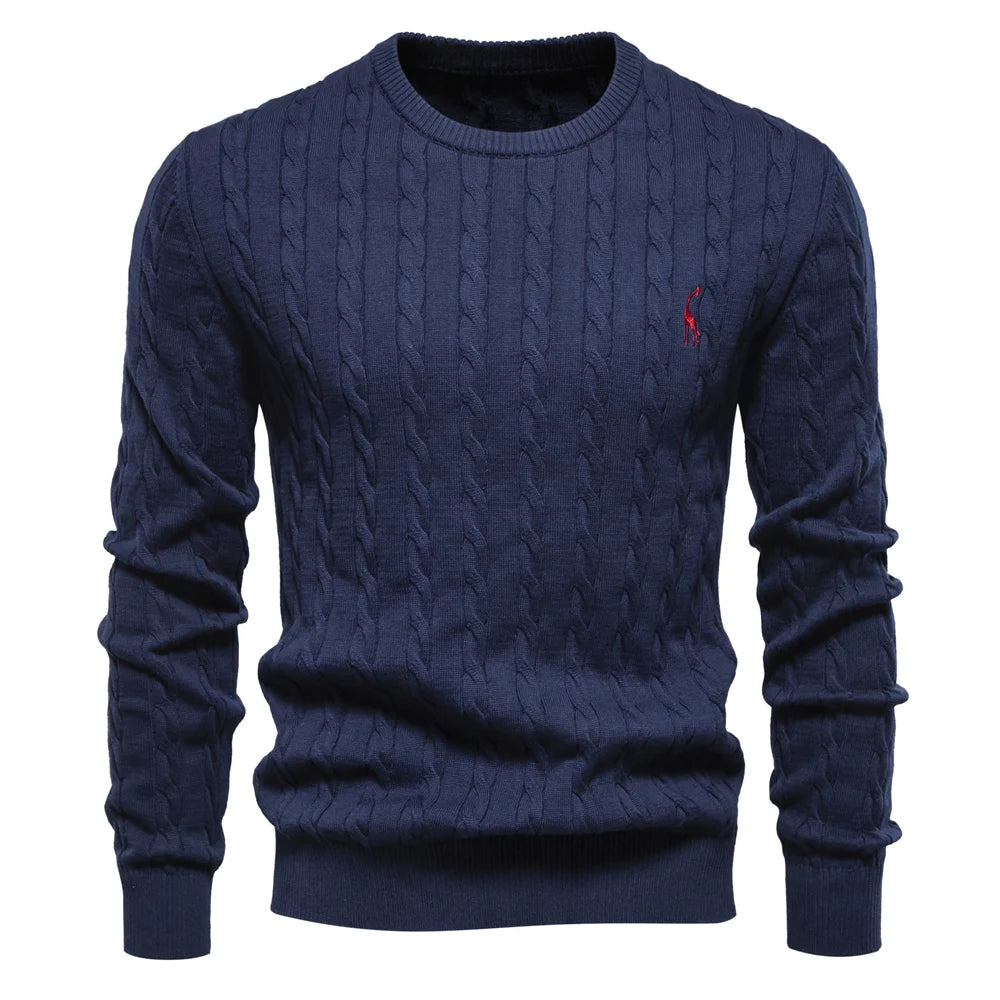 Men’s Embroidered Cotton Sweater – Classic Cable Knit Crewneck Pullover