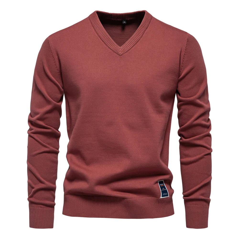 Maglione in maglia di cotone con scollo a V da uomo – Pullover casual classico a maniche lunghe
