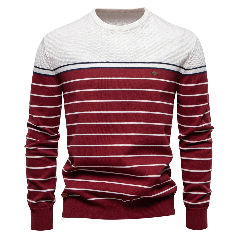 Maglione in maglia di cotone a righe da uomo – Pullover casual classico con scollo a V